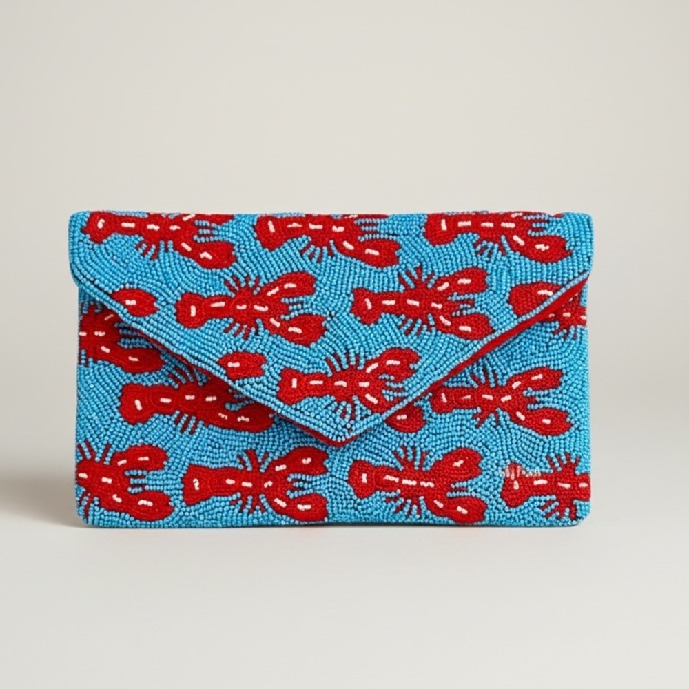 Lily Posh Beaded Lobster Clutch Crossbody Turquoise Red Nautical Coastal Bag
